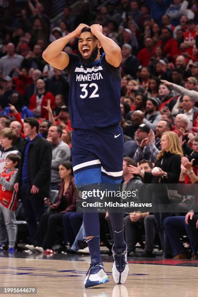 Karl-Anthony Towns of the Minnesota Timberwolves reacts against the Chicago Bulls during the second half at the United Center on February 06, 2024 in...