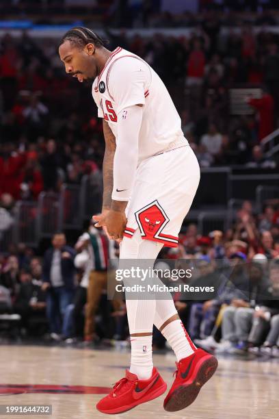 Andre Drummond of the Chicago Bulls celebrates against the Minnesota Timberwolves in overtime at the United Center on February 06, 2024 in Chicago,...