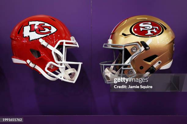 General view of the helmets of the Kansas City Chiefs and the San Francisco 49ers displayed in the NFL Super Bowl Experience ahead of Super Bowl...
