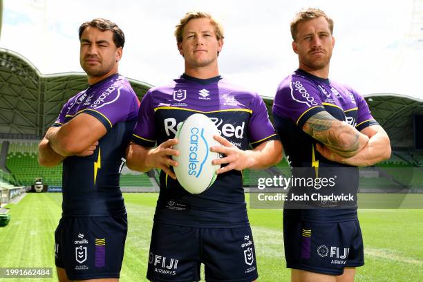 Vice-captain Jahrome Hughes, captain Harry Grant and vice-captain Cameron Munster of the Storm pose during a Melbourne Storm NRL captaincy...