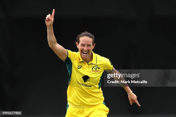 Megan Schutt of Australia celebrates taking the wicket of Laura Wolvaardt of South Africa during game two of the Women's One Day International series...