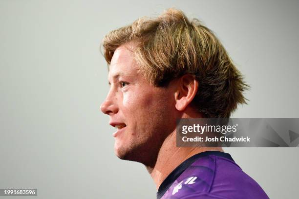 Captain Harry Grant of the Storm speaks to the media during a Melbourne Storm NRL captaincy announcement at AAMI Park on February 07, 2024 in...