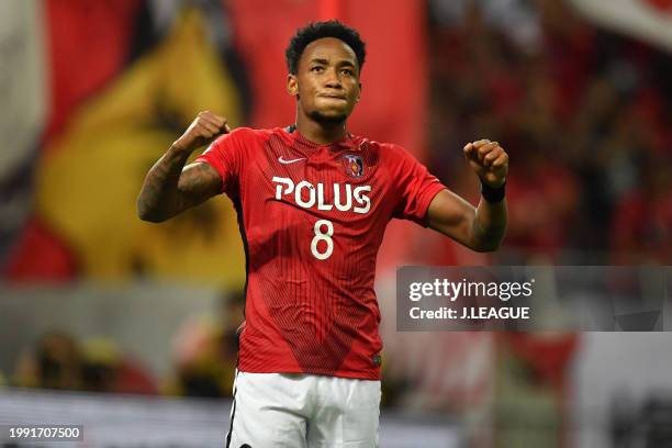 Rafael Silva of Urawa Red Diamonds celebrates after scoring the team's second goal during the J.League J1 match between Urawa Red Diamonds and...