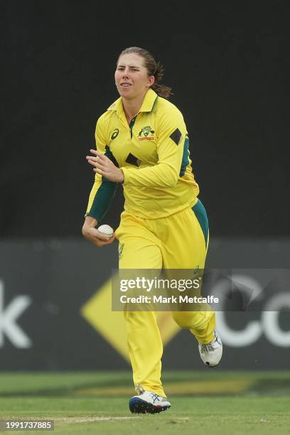 Georgia Wareham of Australia bowls during game two of the Women's One Day International series between Australia and South Africa at North Sydney...