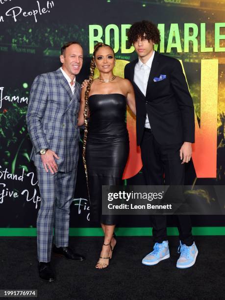 Eric Aten, Sundra Oakley and Carsun attend Paramount Pictures' "Bob Marley: One Love" premiere at Regency Village Theatre on February 06, 2024 in Los...