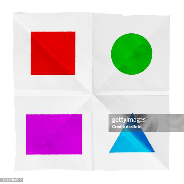 horizontal empty blank rough textured crumpled white coloured paper vector background with colorful solid geometric shapes triangle, circle rectangle and square shape with fold lines - solid colour background stock illustrations