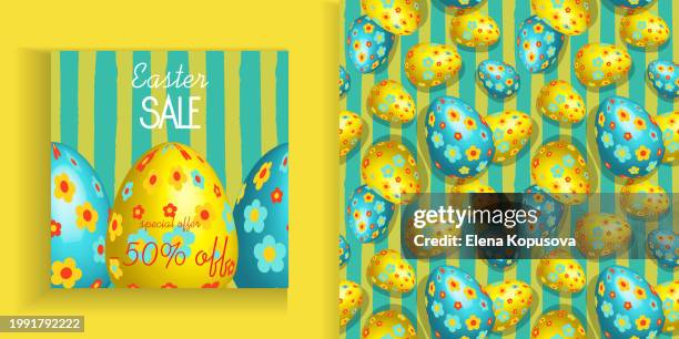 easter celebration concept in flat style. easter eggs with floral patterns on a seamless easter background. stylish set of seamless background and business card for holiday discounts. - eggs isolated stock illustrations