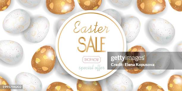 easter celebration concept in realistic style. easter eggs with floral patterns on a seamless easter background. stylish luxury web banner for holiday discounts. - easter seamless pattern stock illustrations