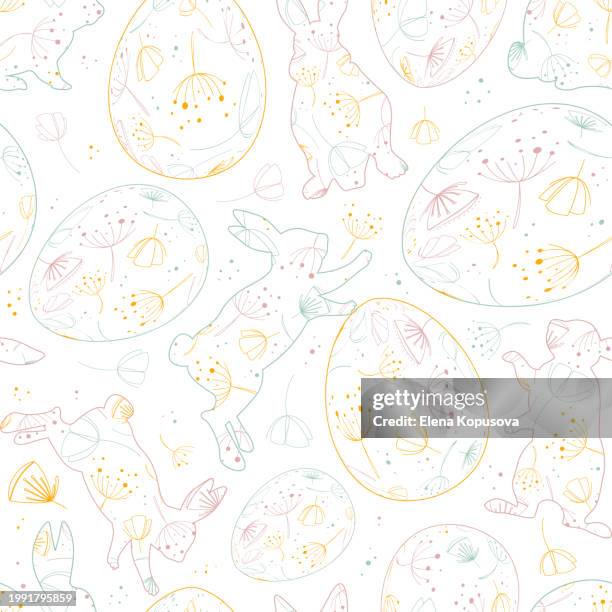 easter celebration concept in retro style. easter bunnies and easter eggs with floral pattern on an white background. easter spring seamless background for holiday decoration. - easter seamless pattern stock illustrations