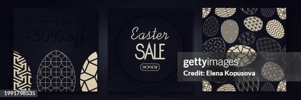 ilustrações de stock, clip art, desenhos animados e ícones de easter celebration concept in flat style. easter golden eggs with geometric patterns on an abstract dark background. easter luxury set for holiday decoration. - segunda feira de páscoa
