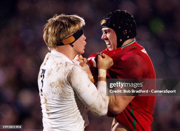 England's Henry Pollock and Wales' Jonny Green argue during the Six Nations Under 20s Championship match between England U20 and Wales U20 at...