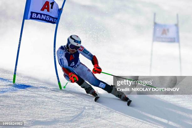Norway's Henrik Kristoffersen competes in the first run of the Men's Giant Slalom event during the FIS Alpine Ski World Cup in Bansko, on February...