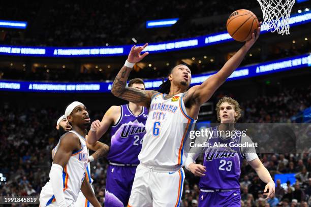 Jaylin Williams of the Oklahoma City Thunder rebounds during the first half of a game against the Utah Jazz at Delta Center on February 06, 2024 in...