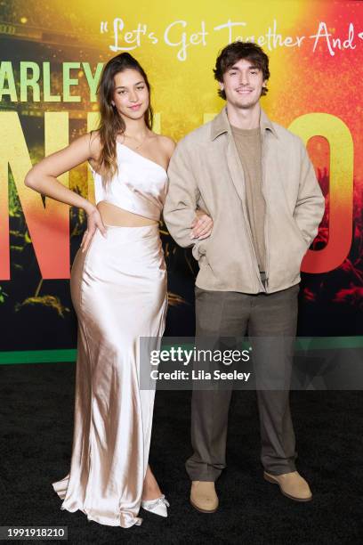 Mika Lafuente and Bryce Hall attend the Los Angeles Premiere Of Paramount Pictures "Bob Marley: One Love" at Regency Village Theatre on February 06,...