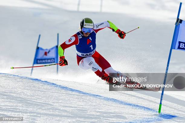 Austria's Manuel Feller competes in the first run of the Men's Giant Slalom event during the FIS Alpine Ski World Cup in Bansko, on February 10, 2024.