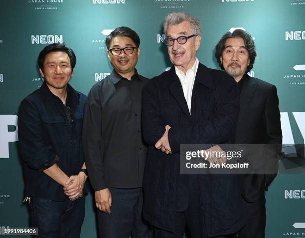 Moderator Hiro Murai, producer/writer Takuma Takasaki, director Wim Wenders and actor Koji Yakusho attend Los Angeles Premiere Of “Perfect Days” With...