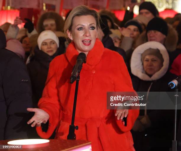 Russian Foreign Ministry spokeswoman Maria Zakharova gestures during the celebrations of Chinese Lunar New Years's Eve, February 9, 2024 in Moscow,...