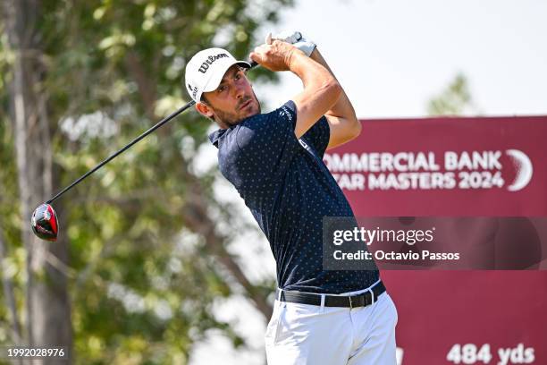 Ugo Coussaud of France plays his tee shot on the 6th hole during day three of the Commercial Bank Qatar Masters at Doha Golf Club on February 10,...