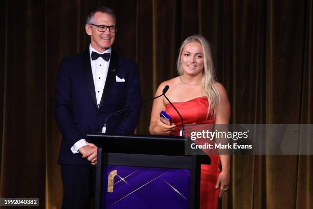 Carys Dallinger, winner of the Rookie of the Year during the 2023 Rugby Australia Awards at Doltone House on February 07, 2024 in Sydney, Australia.