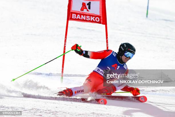 Switzerland's Livio Simonet competes in the first run of the Men's Giant Slalom event during the FIS Alpine Ski World Cup in Bansko, on February 10,...