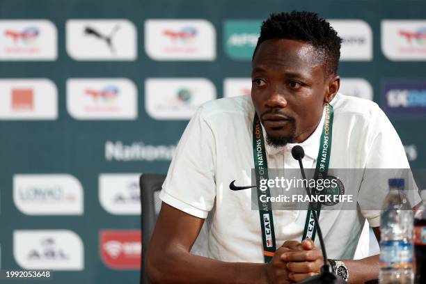 Nigeria's forward Ahmed Musa gives a press conference at the palais de la Culture in Abidjan on February 10, 2024 on the eve of the 2024 Africa Cup...