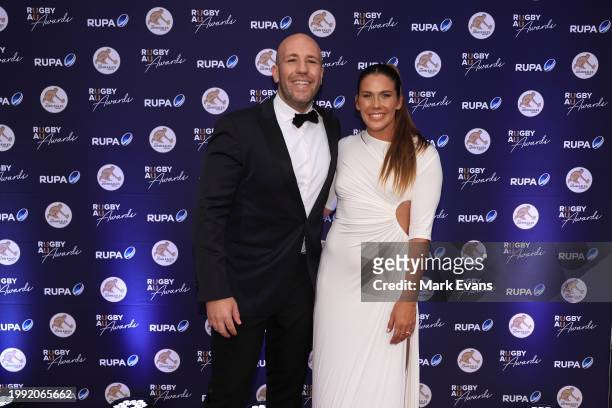 Jordan Sukkar and Sevens player Charlotte Caslick arrives for the 2023 Rugby Australia Awards at Doltone House on February 07, 2024 in Sydney,...