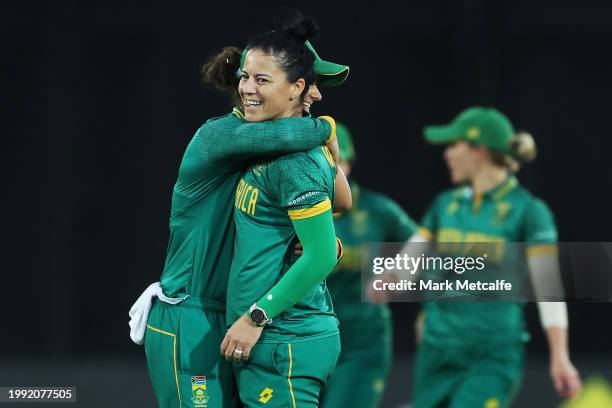 Marizanne Kapp of South Africa celebrates taking the wicket of Beth Mooney of Australia during game two of the Women's One Day International series...