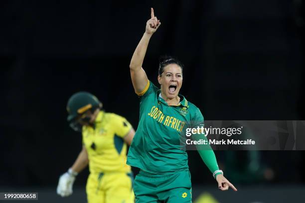 Marizanne Kapp of South Africa celebrates taking the wicket of Alyssa Healy of Australia during game two of the Women's One Day International series...