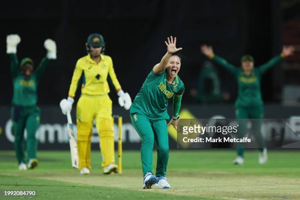 Marizanne Kapp of South Africa appeals successfully for the wicket of Phoebe Litchfield of Australia during game two of the Women's One Day...