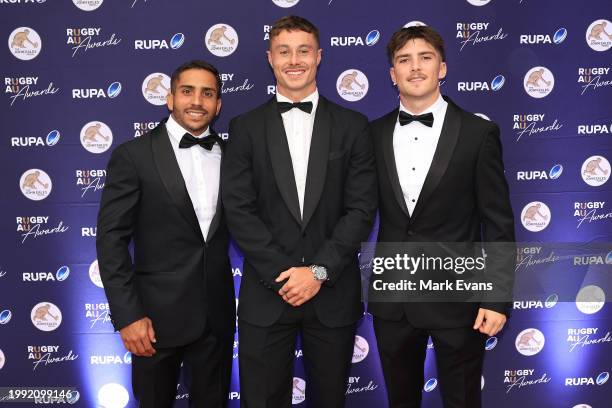 Sevens players Maurice Longbottom, Conor Hickey and James McGregor arrive for the 2023 Rugby Australia Awards at Doltone House on February 07, 2024...