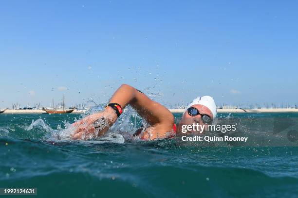 Brynne Kinnaird of Team Nambia competes in the Women's Open Water 5km on day six of the Doha 2024 World Aquatics Championships at Doha Port on...