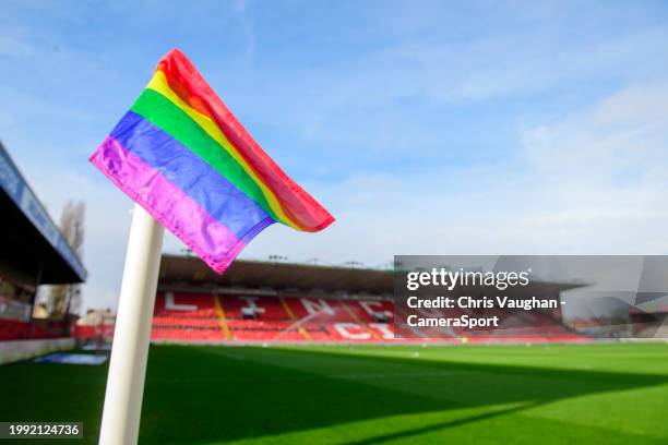 General view of LNER Stadium, home of Lincoln City, showing a rainbow coloured corner flag supporting Rainbow Laces campaign prior to the Sky Bet...