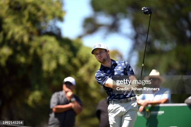 Rasmus Neergaard-Petersen from Denmark plays his shot from the second tee during day three of the Bain's Whisky Cape Town Open at Royal Cape Golf...