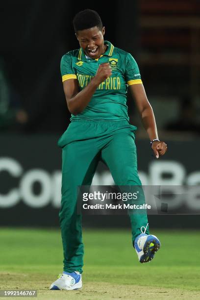 Ayanda Hlubi of South Africa celebrates taking the wicket of Georgia Wareham of Australia during game two of the Women's One Day International series...