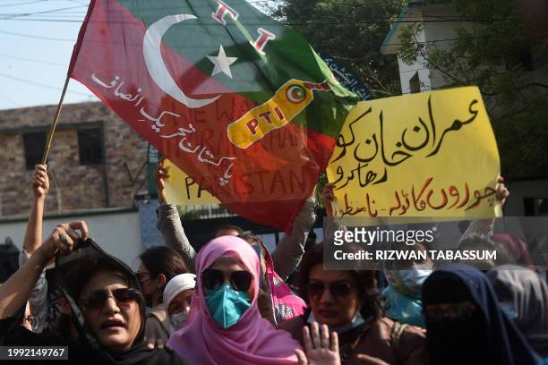 Supporters of the Pakistan Tehreek-e-Insaf protest outside an election commission office in Karachi on February 10 amid claims the election result...