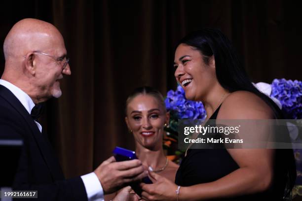 Eva Karpani, Buildcorp Wallaroos Player of the Year winner during the 2023 Rugby Australia Awards at Doltone House on February 07, 2024 in Sydney,...