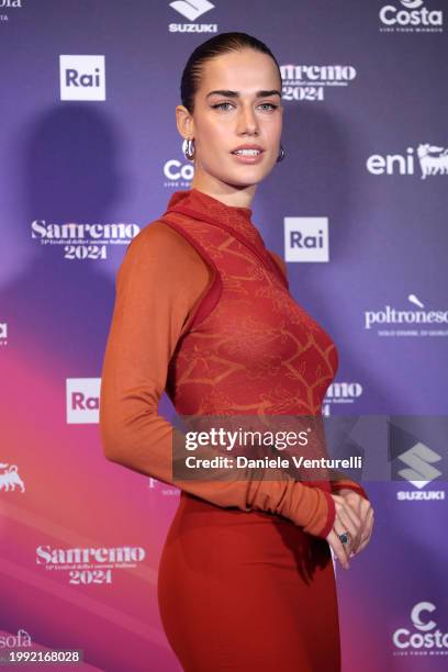 Clara Soccini attends a photocall during the 74th Sanremo Music Festival 2024 at Teatro Ariston on February 07, 2024 in Sanremo, Italy.