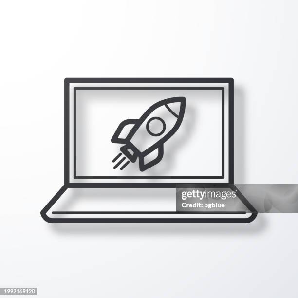 laptop with rocket. line icon with shadow on white background - 3d rocket launch stock illustrations