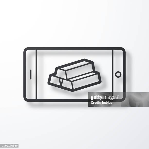 smartphone mit goldbarren. liniensymbol mit schatten auf weißem hintergrund - 3d data bars stock-grafiken, -clipart, -cartoons und -symbole