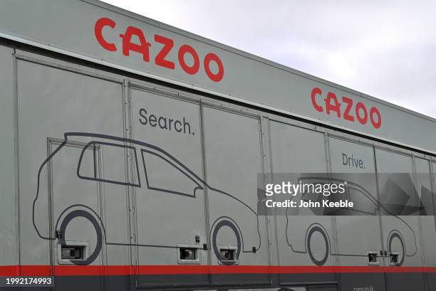 General view of Cazoo, British online car retailer signage at Lakeside Retail Park on February 5, 2024 in Grays, United Kingdom.