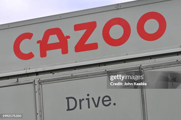 General view of Cazoo, British online car retailer signage at Lakeside Retail Park on February 5, 2024 in Grays, United Kingdom.