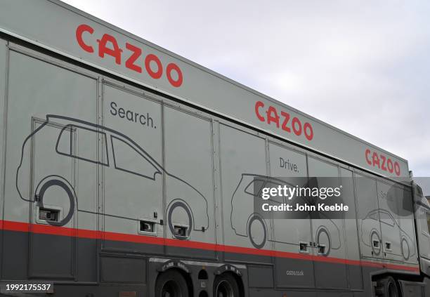 General view of Cazoo, British online car retailer signage at Lakeside Retail Park on February 5, 2024 in Grays, United Kingdom.