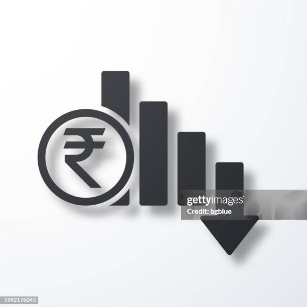 indian rupee rate decrease. icon with shadow on white background - down 3d graph stock illustrations