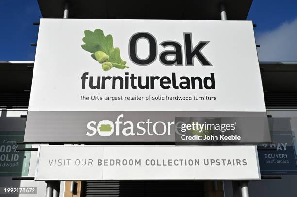 General view of a Oak Furnitureland and Sofastore, furniture and sofa retail store sign at Lakeside Retail Park on February 5, 2024 in Grays, United...