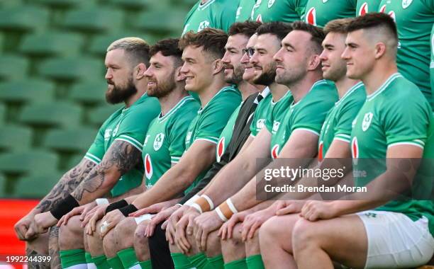 Dublin , Ireland - 10 February 2024; Captain Caelan Doris, fourth from left, lines up alongside his teammates for a squad phoo before an Ireland...