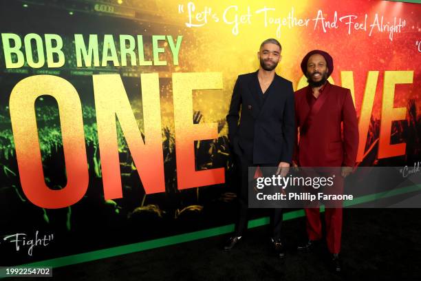 Kingsley Ben-Adir and Ziggy Marley attend the Los Angeles Premiere of "Bob Marley: One Love" at Regency Village Theatre on February 06 in Los...