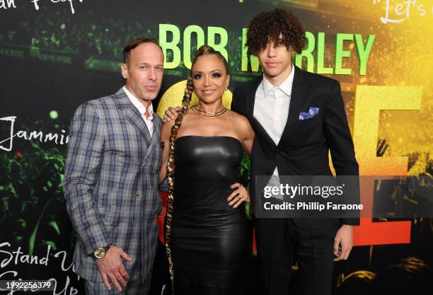 Eric Aten, Sundra Oakley, and Carsun attend the Los Angeles Premiere of "Bob Marley: One Love" at Regency Village Theatre on February 06 in Los...