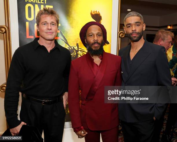 Brad Pitt, Ziggy Marley, and Kingsley Ben-Adir attend the Los Angeles Premiere of "Bob Marley: One Love" at Regency Village Theatre on February 06 in...