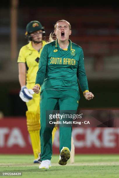 Eliz-Mari Marx of South Africa celebrates taking the wicket of Ashleigh Gardner of Australia during game two of the Women's One Day International...