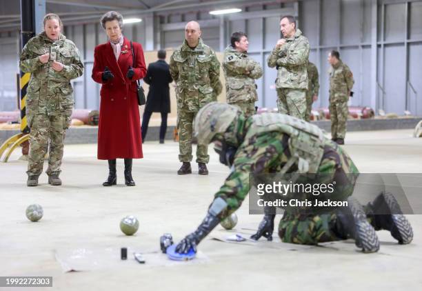 Princess Anne, Princess Royal views a demonstration in the indoor training area during her visit to the Defence Explosive Ordnance Disposal Training...